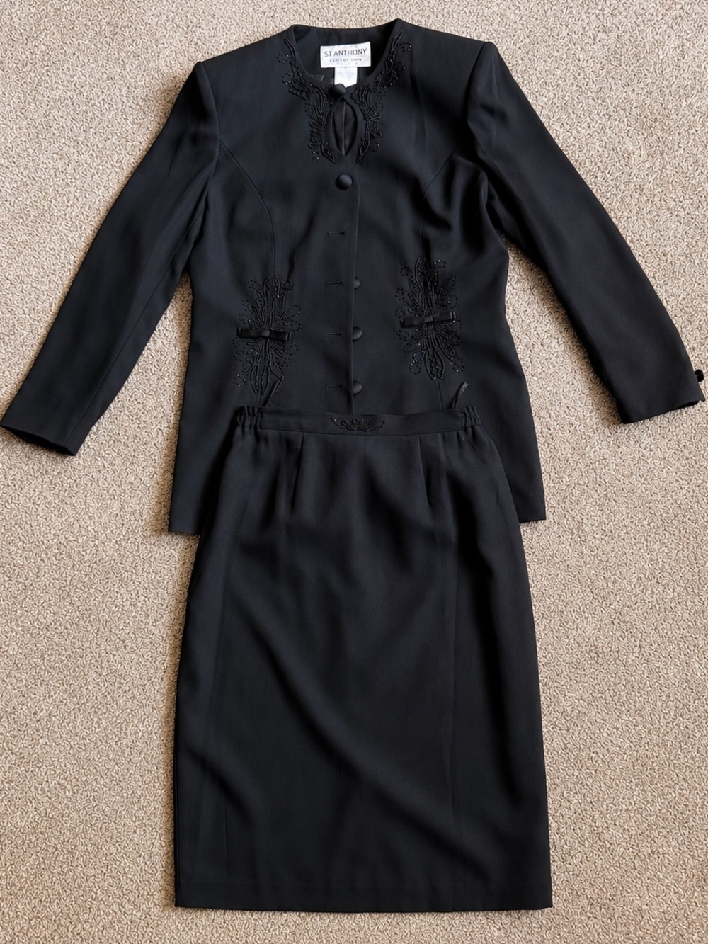 Vintage 90s St. Anthony Collection Black Beaded 2 Piece Skirt Suit Size 10